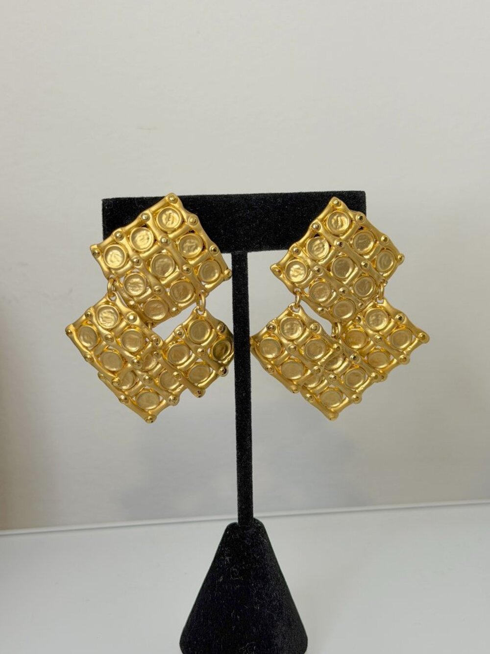 Vintage Gold Tone Square Clip-On Earrings Signed Designer Dangle Style